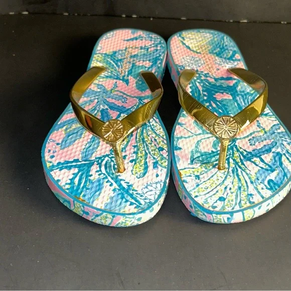 Lilly Pulitzer Multicolor Floral Gold Strap Flip Flops Sandals Womens Size 8 - Picture 2 of 12